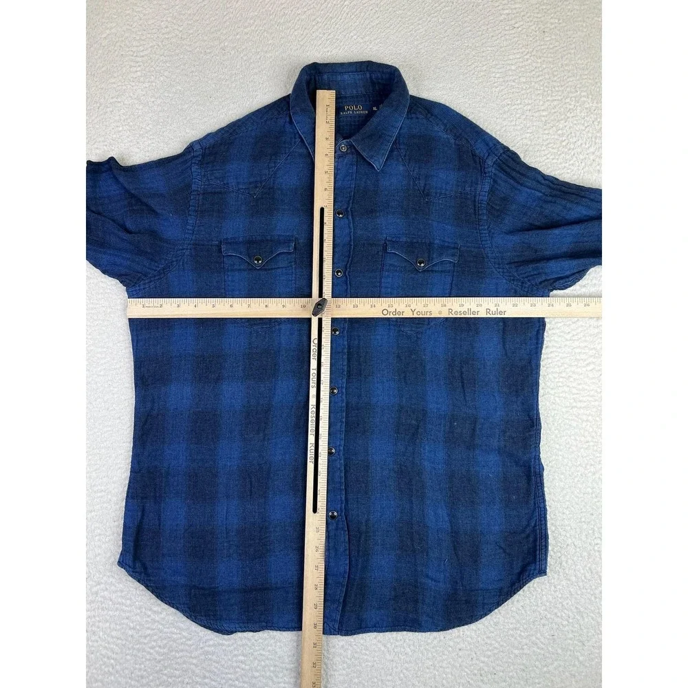 Polo Ralph Lauren Shirt Mens XL Blue Plaid Snap Button Long Sleeve Western